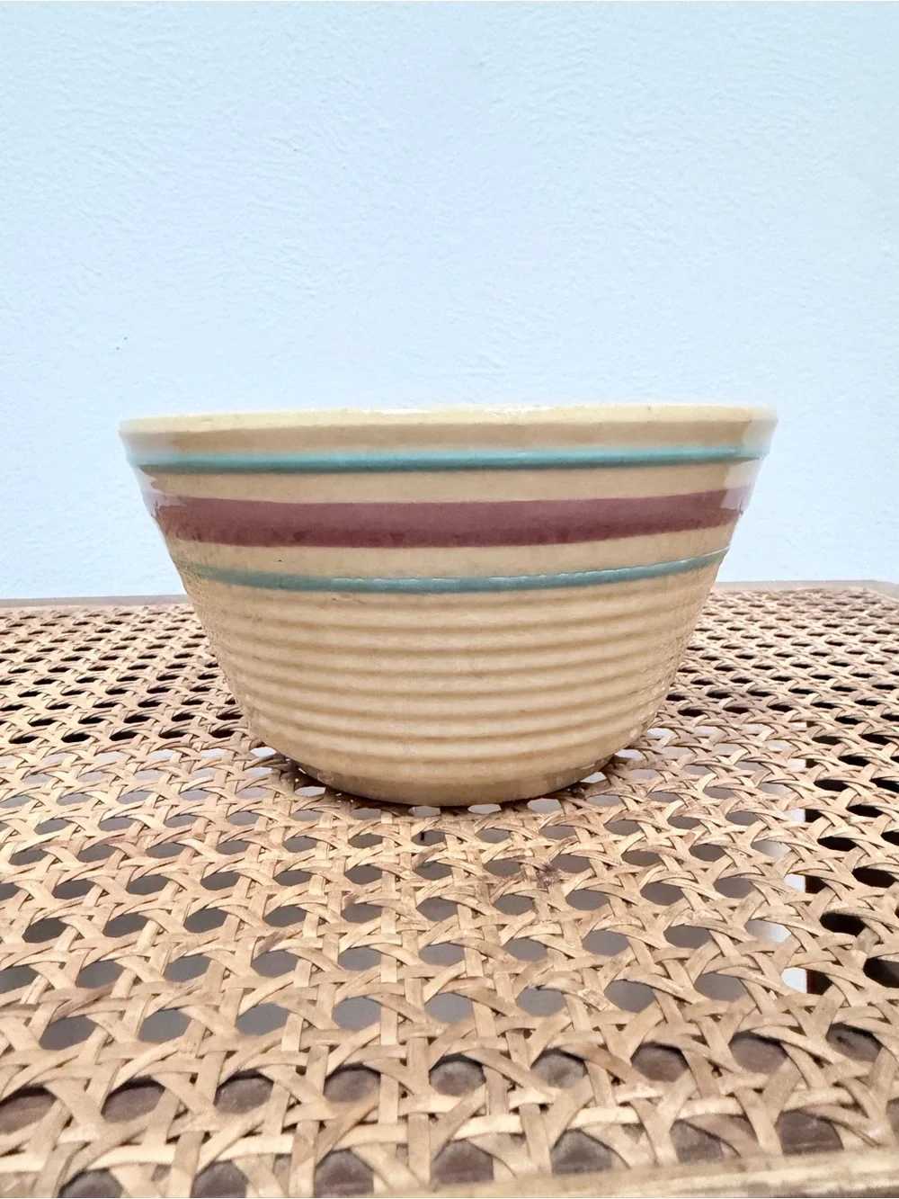 Watt Beehive pink and blue striped mixing bowl set, size 6 and 7, vintage